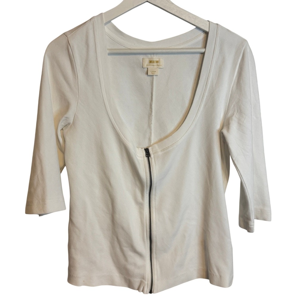 Maeve Top Ribbed Zip Front Large White Womens Anthropologie Cardigan Scoop Neck